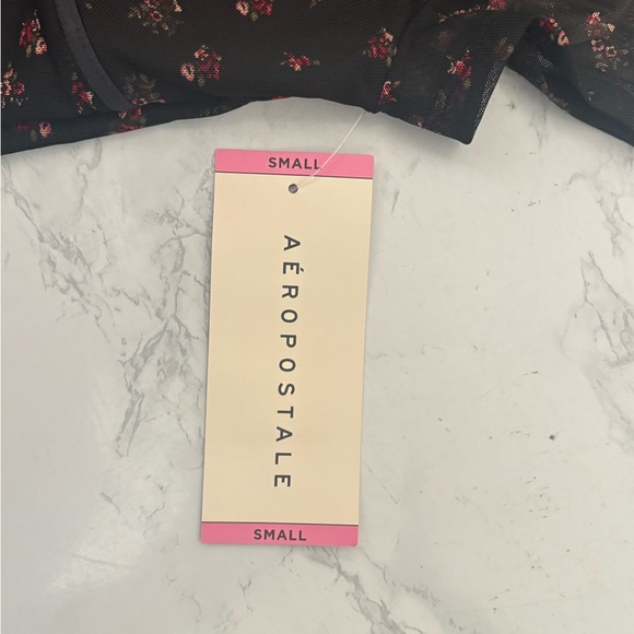 Aeropostale Floral Mesh Tie Front Top Black V Neck Sz Small Y2K Baby Doll - Picture 6 of 6